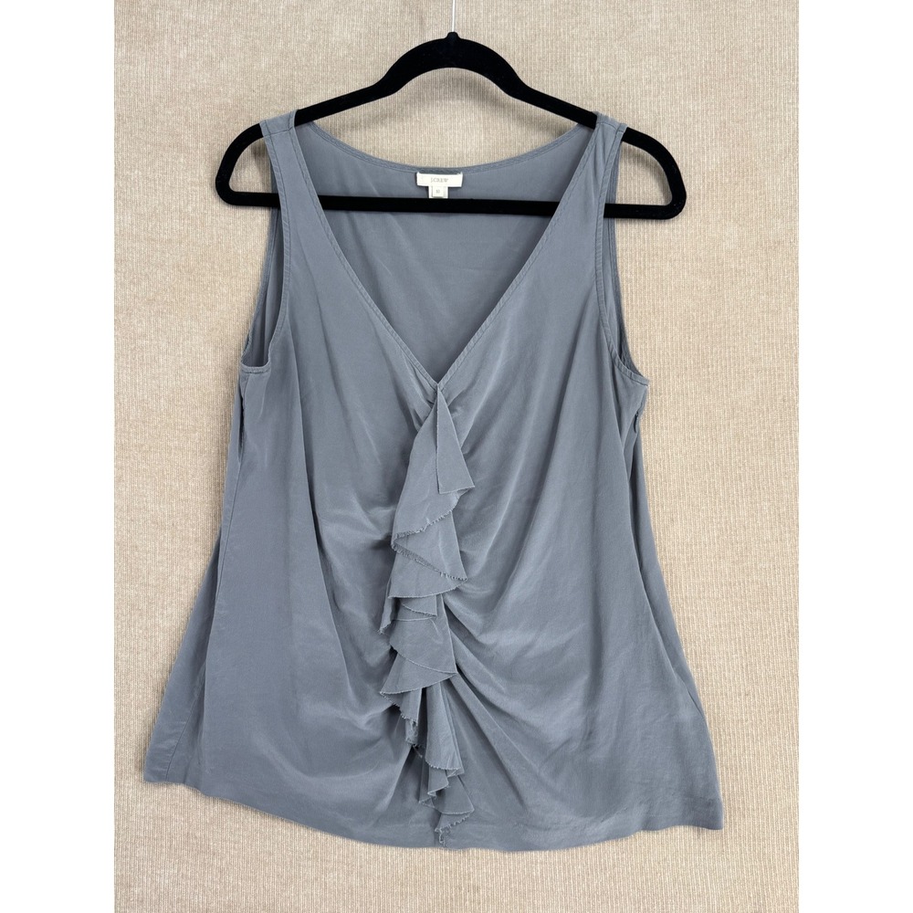 J.Crew Women 100% Silk Ruffle V-Neck Sleeveless Blouse Blue Gray Size 10